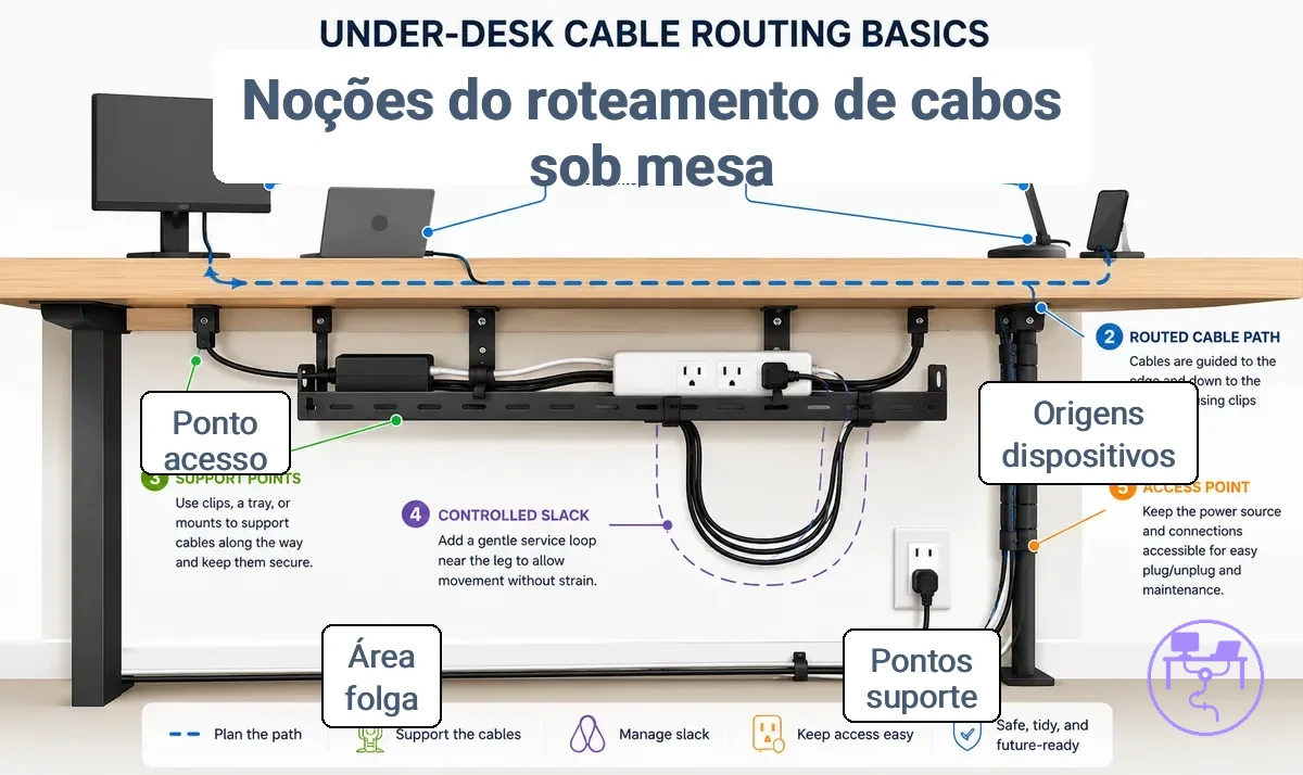 Diagrama do percurso de passagem de cabos por baixo da mesa com pontos de suporte e área de folga
