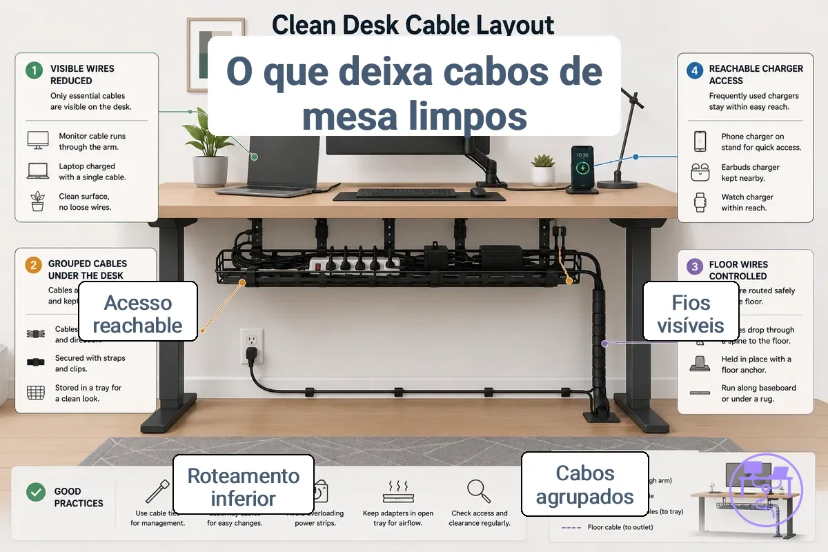 Layout de cabos para mesa com roteamento organizado e conexões acessíveis