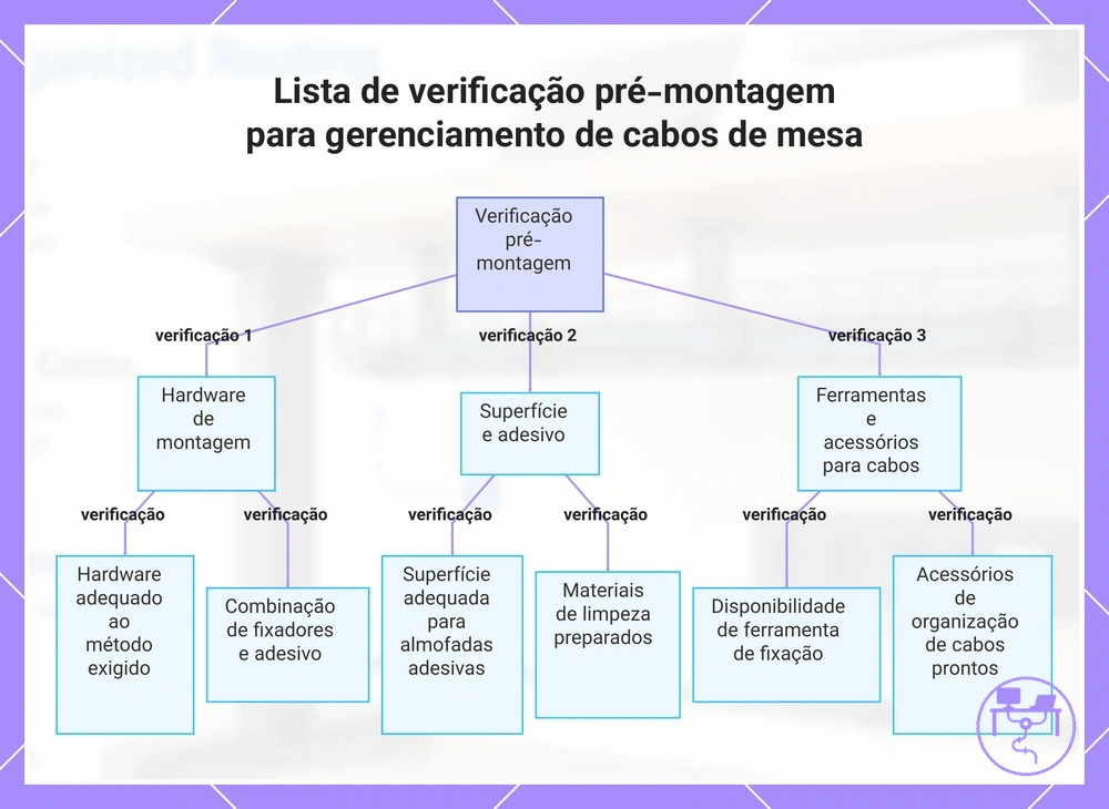 Lista de verificação pré-montagem para gerenciamento de cabos de mesa