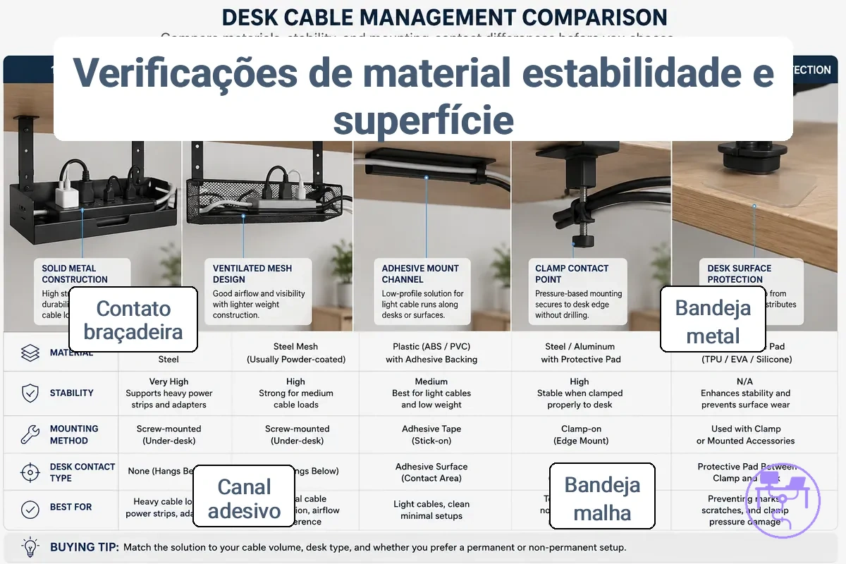 Comparação de materiais de gerenciamento de cabos para mesa e pontos de contato de montagem para estabilidade e proteção da superfície.