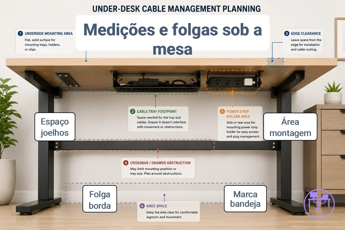 Medidas da parte inferior da mesa e verificações de folga mostrando área de montagem, espaço da bandeja, folga na borda e obstruções
