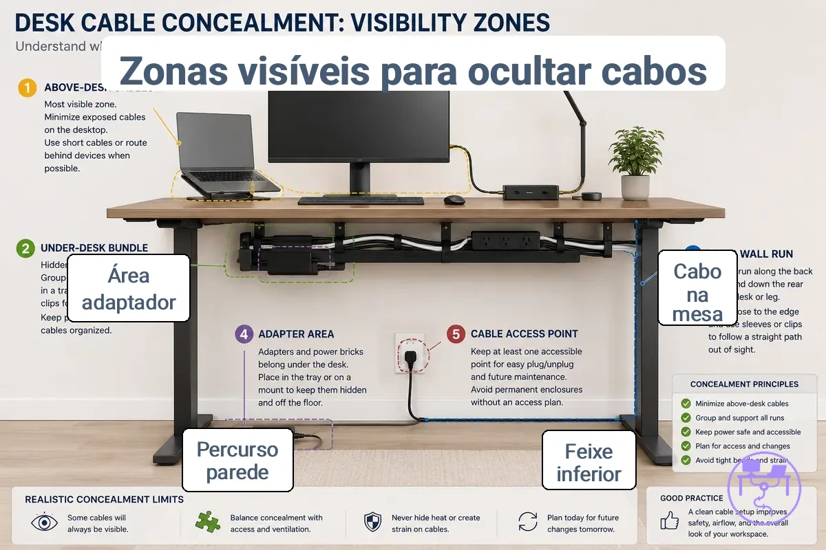 Zonas de visibilidade anotadas para ocultação de cabos de mesa
