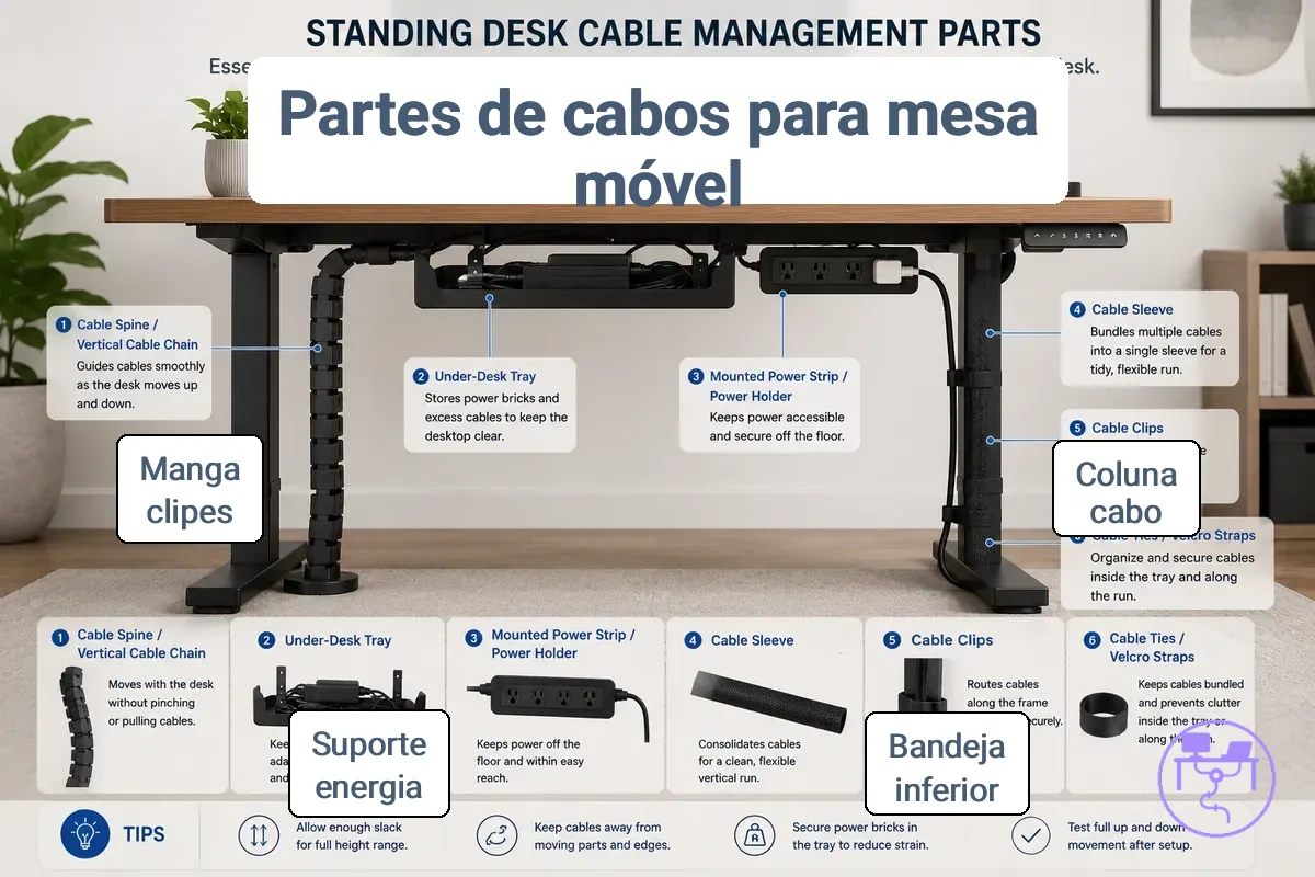 peças de gerenciamento de cabos para mesa ajustável incluindo coluna para cabos, bandeja, manga e clipes