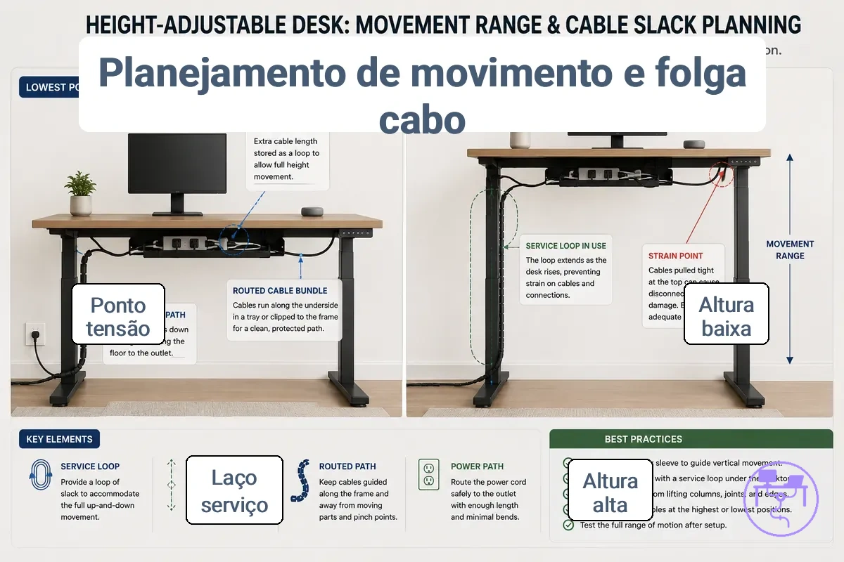 diagrama de folga de cabos para mesa ajustável mostrando altura de sentar e ficar em pé