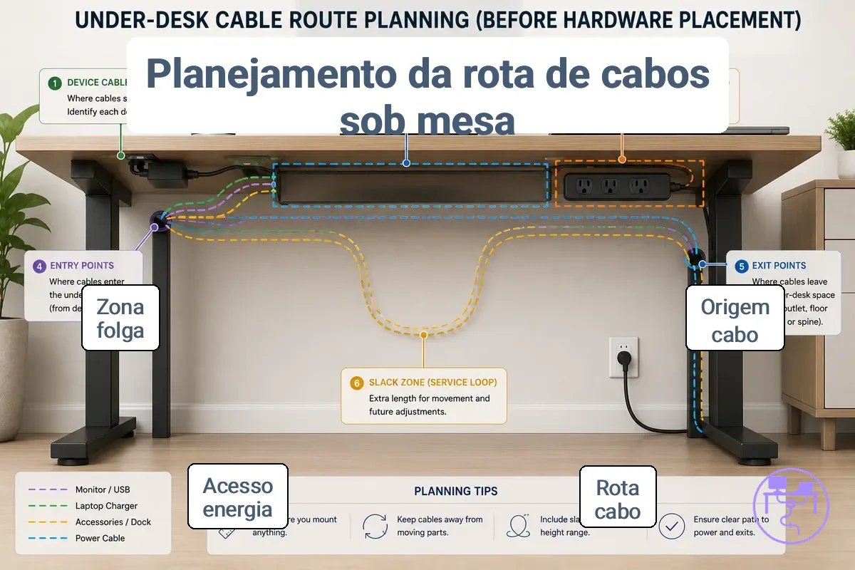 Planejamento da rota de cabos sob a mesa mostrando origens dos cabos, caminho da rota, área da régua de energia, pontos de saída e folga