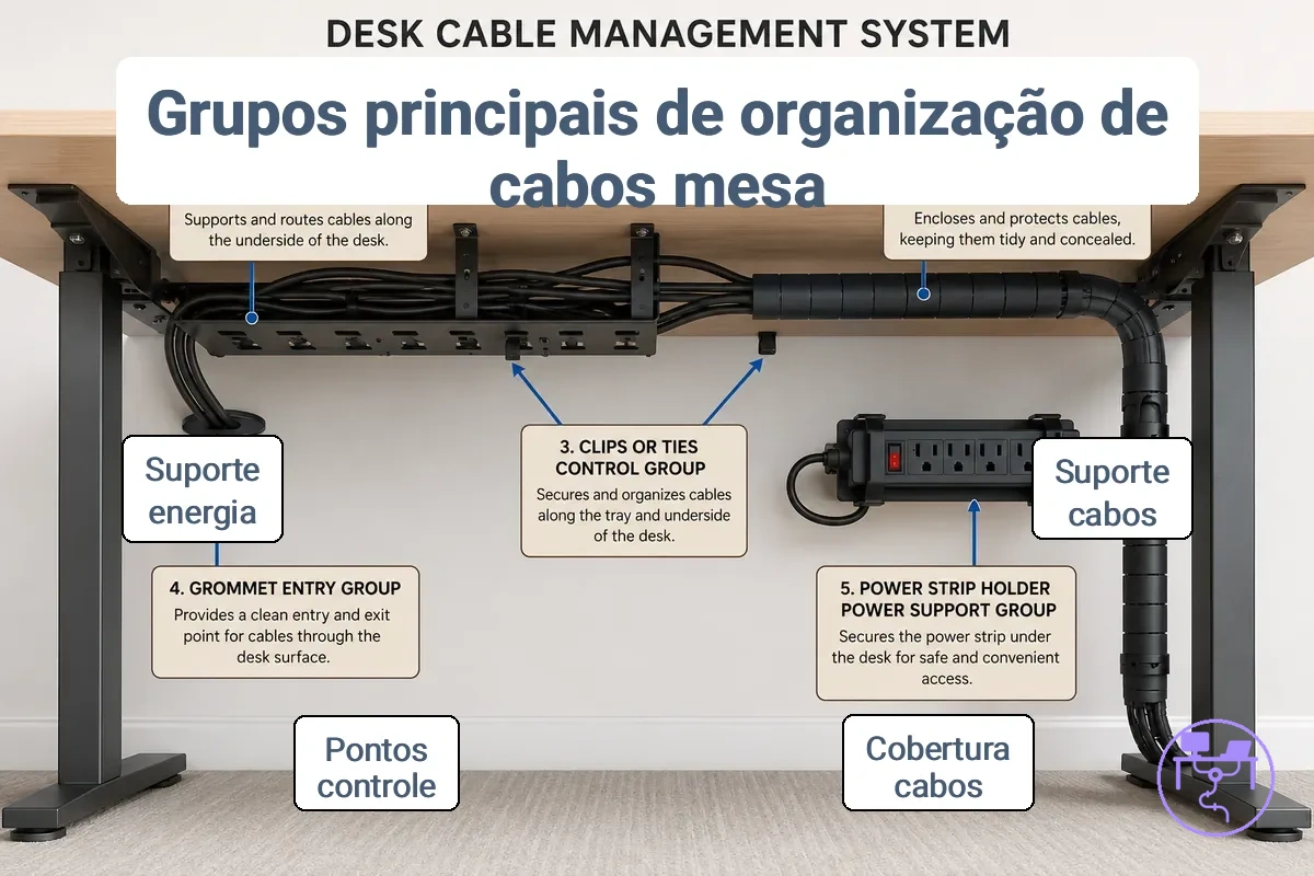 Diagrama dos principais grupos de peças de um sistema de gerenciamento de cabos para mesa, incluindo bandeja, canaleta, manga, clipes, ilhó e suporte para régua de energia