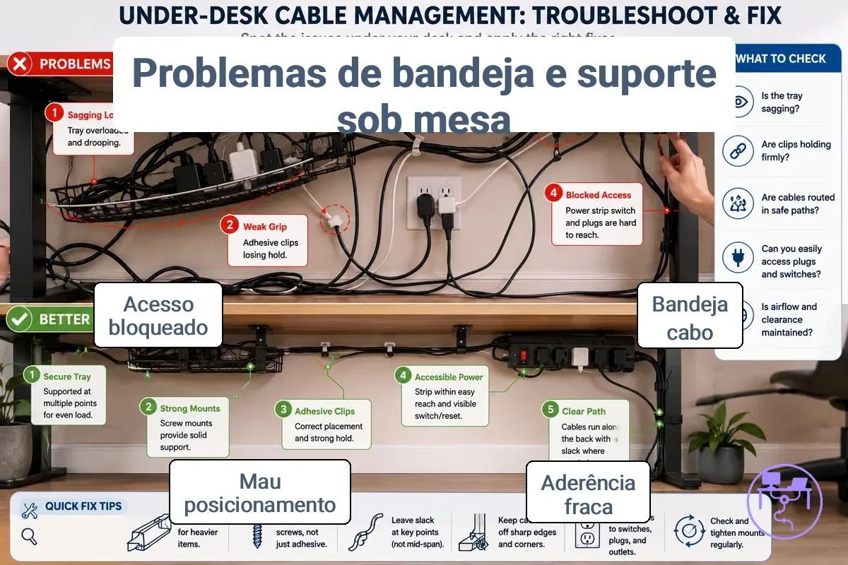 Problemas de bandeja e suporte para cabos de mesa que afetam o suporte estrutural e o acesso