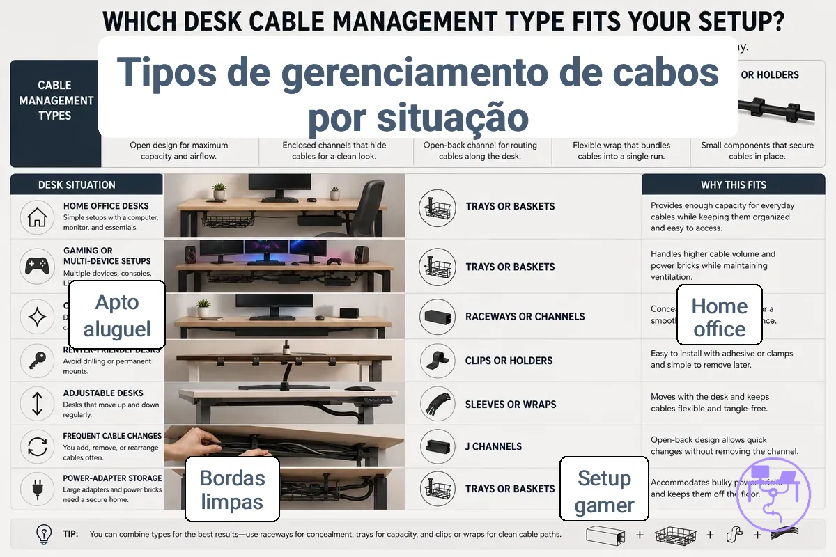 Situações de mesa correspondentes a tipos de gerenciamento de cabos