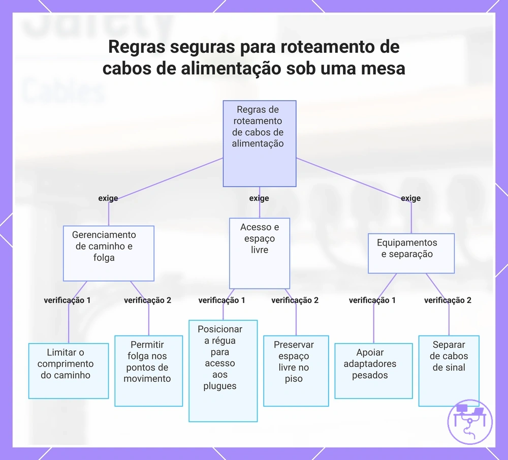 Regras seguras para roteamento de cabos de alimentação sob uma mesa