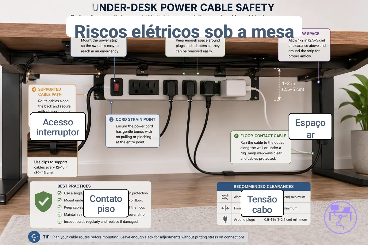 Riscos elétricos e físicos em um layout de cabos de energia sob a mesa
