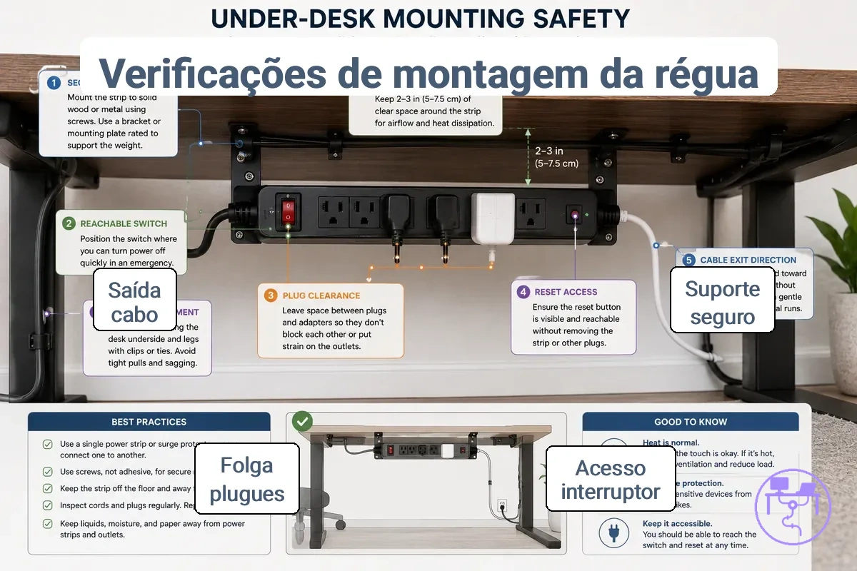 Régua e protetor contra surtos montados sob uma mesa com acesso e espaço livre para cabos