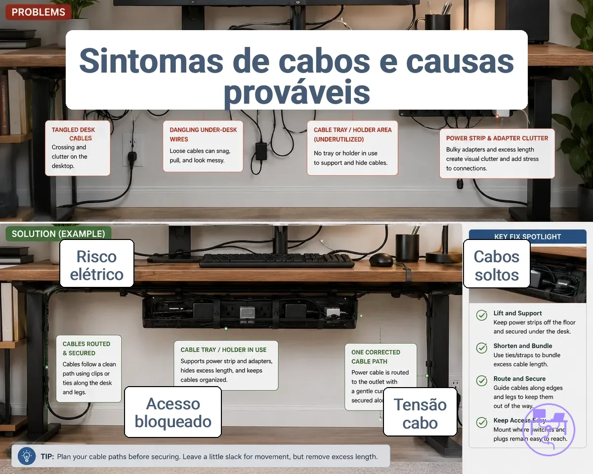 Sintomas visíveis de gerenciamento de cabos de mesa com cabos embaraçados e fios pendurados debaixo da mesa