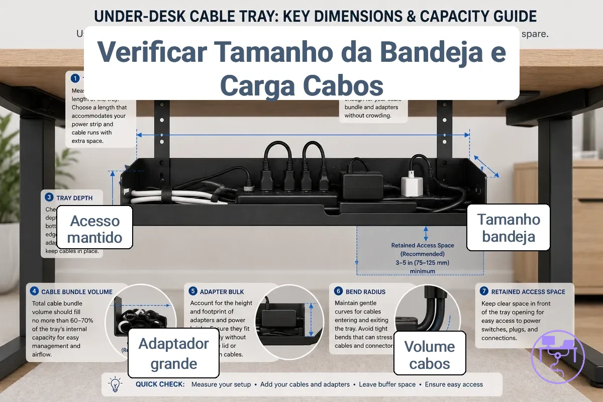 Dimensões da bandeja de cabos e considerações sobre a capacidade do feixe de cabos sob uma mesa