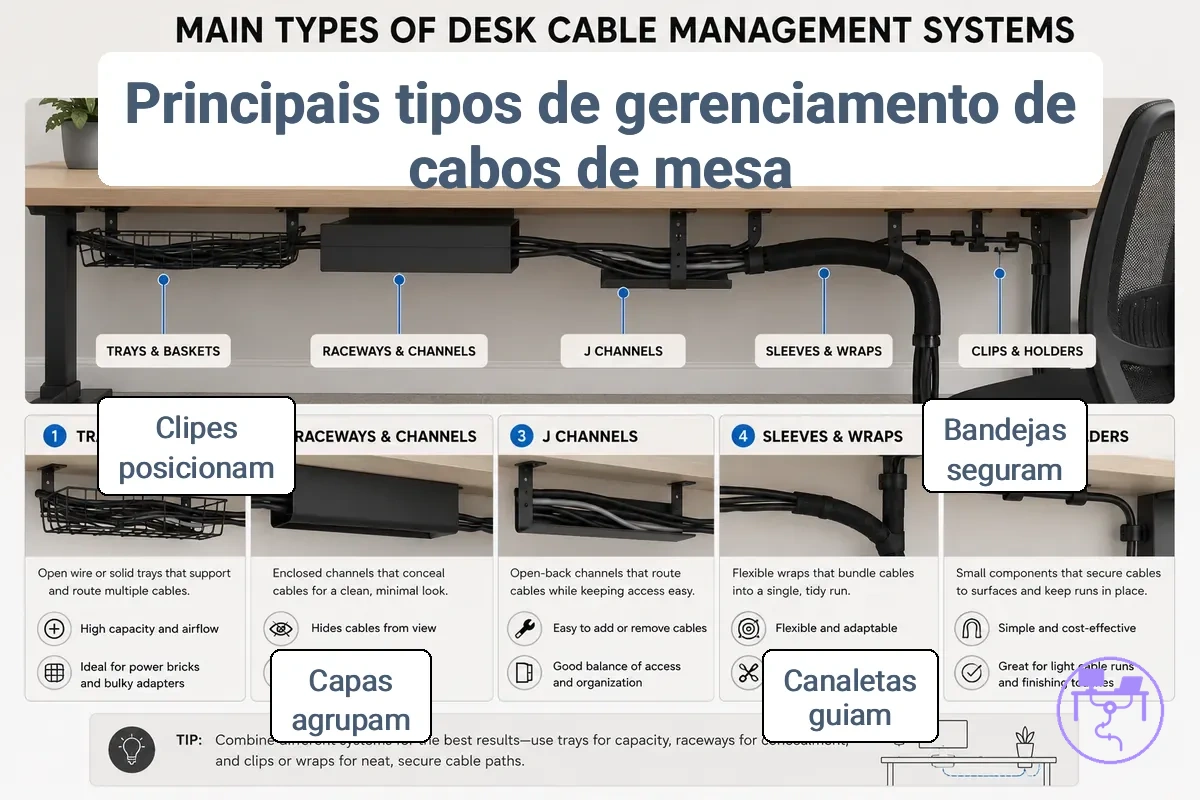 Comparação das famílias de tipos de sistemas de gerenciamento de cabos para mesa