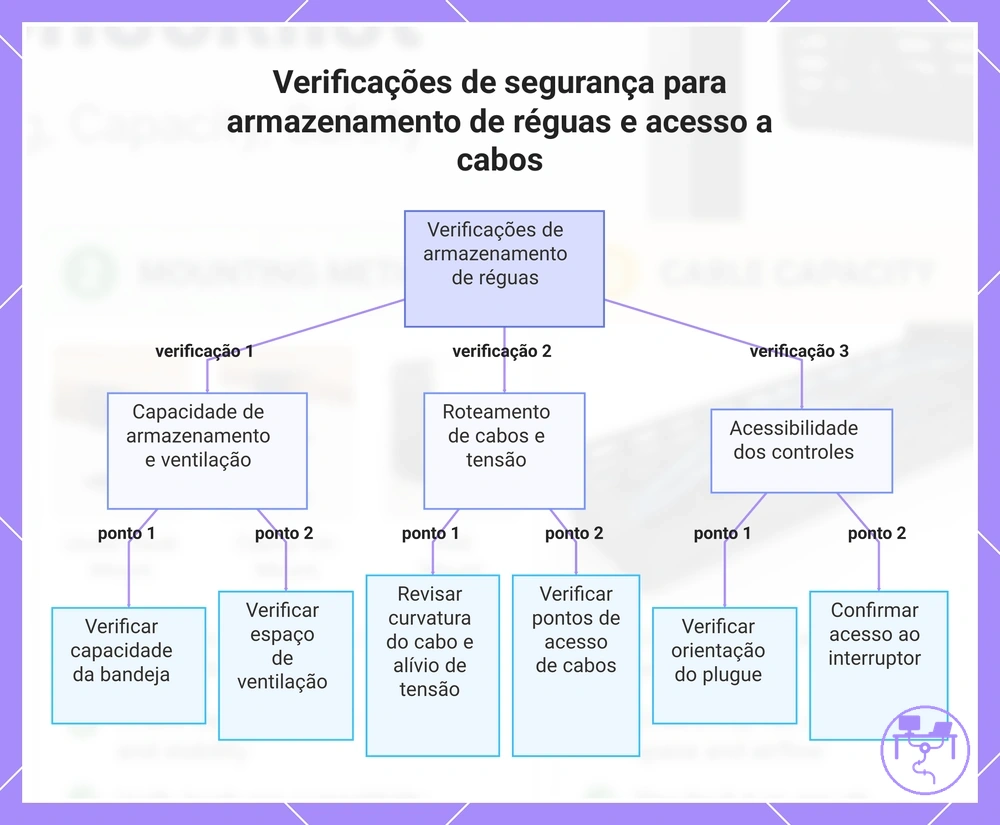 Verificações de segurança para armazenamento de réguas e acesso a cabos