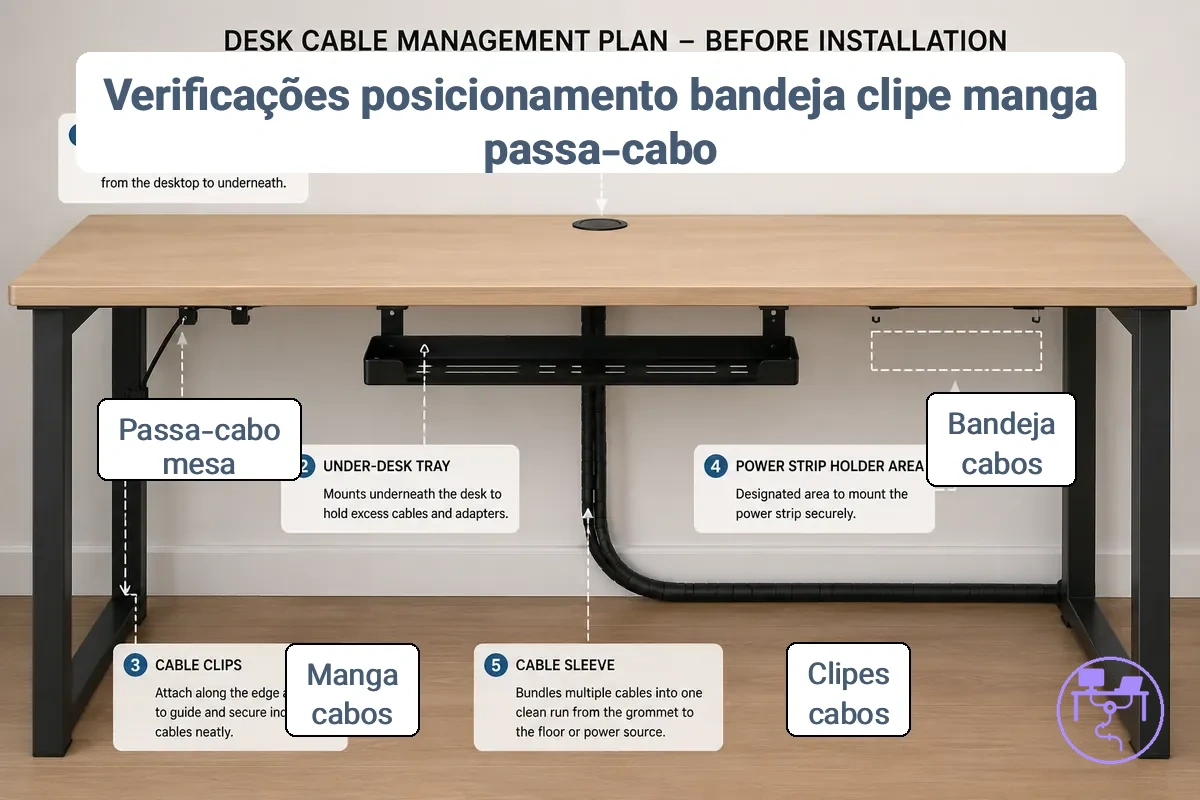 Verificações de posicionamento de bandeja, clipe, manga e anilha passafios mostrando peças de gerenciamento de cabos posicionadas sob e ao redor de uma mesa
