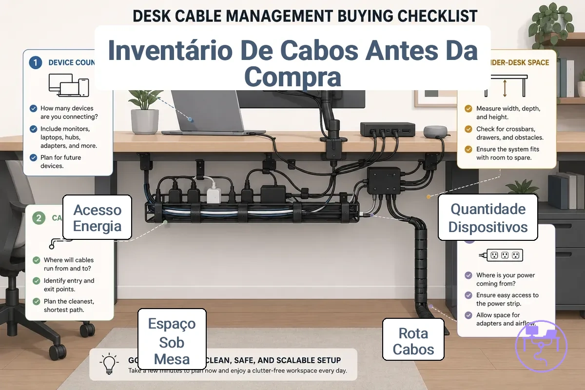 Revisão da configuração da mesa para roteamento de cabos e planejamento de equipamentos
