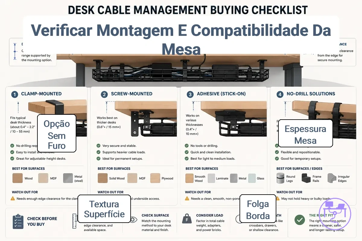 Revisão de compatibilidade entre superfície da mesa e método de montagem