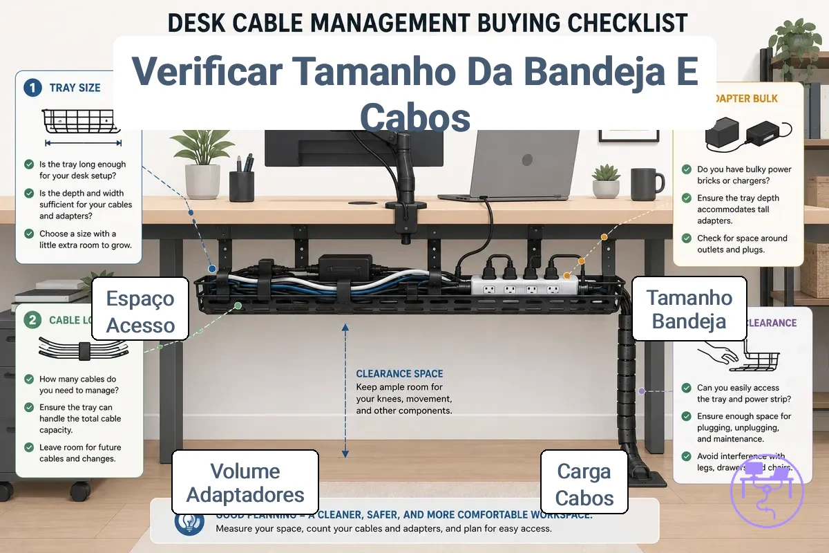 Avaliação da capacidade da bandeja sob a mesa para cabos e adaptadores