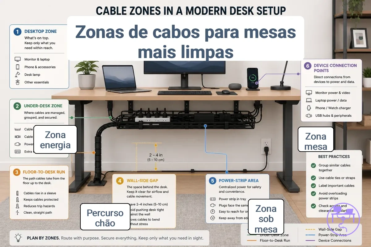 Zonas de cabos em uma configuração de mesa, incluindo áreas da superfície, parte inferior e conexões