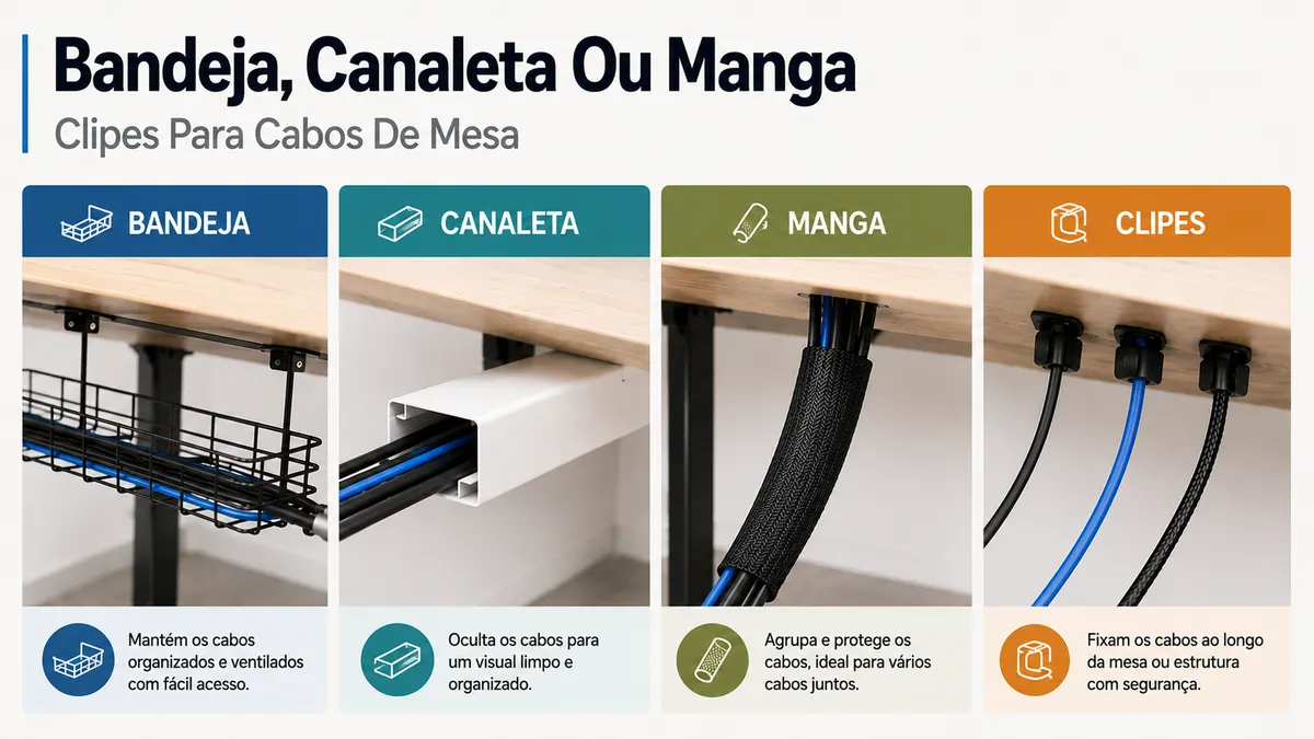 Comparação de bandeja, canaleta, manga e clipes para organizar cabos em uma mesa