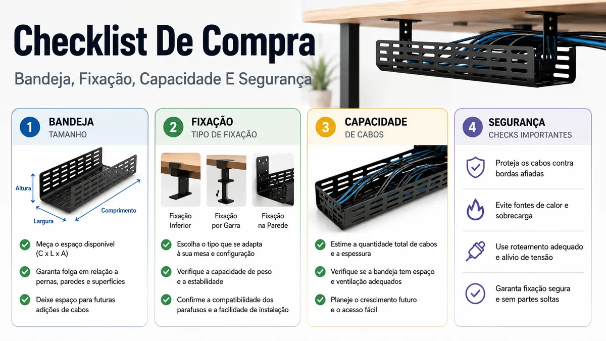 Checklist de compra de um sistema de gerenciamento de cabos para mesa com tamanho da bandeja, tipo de fixação, capacidade e segurança