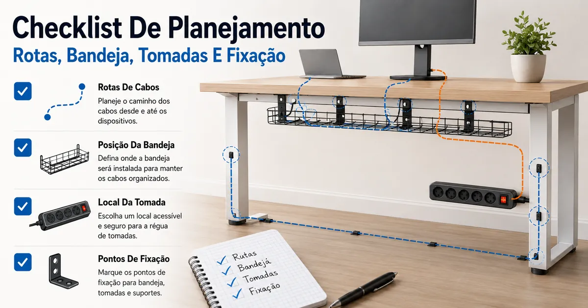 Checklist de planejamento para sistema de gerenciamento de cabos com rotas, posição da bandeja, régua de tomadas e pontos de fixação