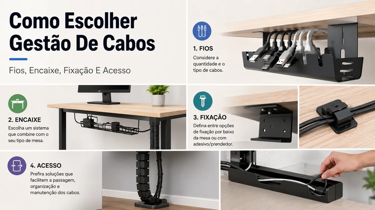 Escolha de um sistema de gerenciamento de cabos para mesa por quantidade de fios, encaixe, tipo de fixação e acesso aos cabos