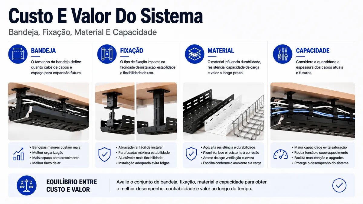 Fatores de custo de um sistema de gerenciamento de cabos para mesa, como tamanho da bandeja, fixação, material e capacidade