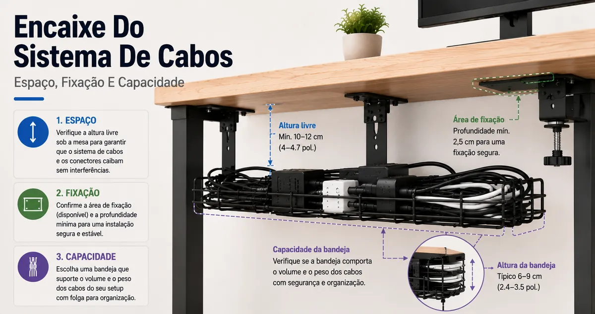 Verificação de encaixe de um sistema de gerenciamento de cabos com espaço sob a mesa, área de fixação e capacidade para fios