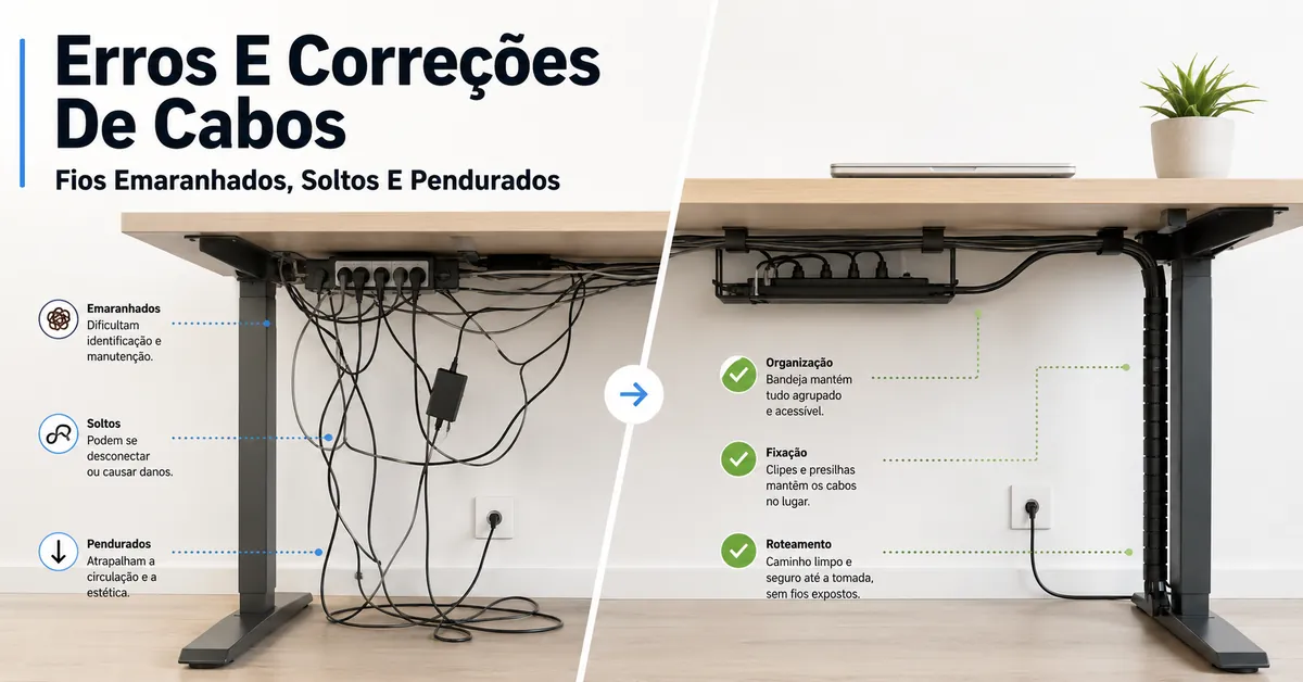 Problemas de gerenciamento de cabos na mesa, com fios emaranhados, soltos e pendurados em correção