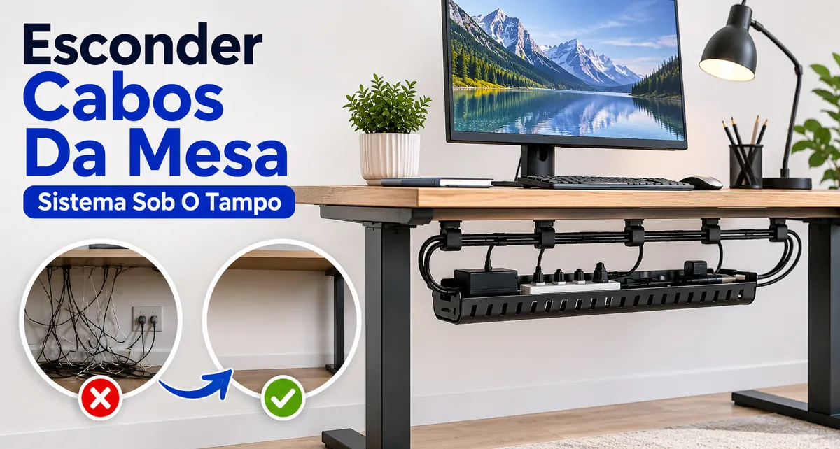 Cabos de mesa escondidos com um sistema de gerenciamento sob o tampo para uma estação de trabalho limpa
