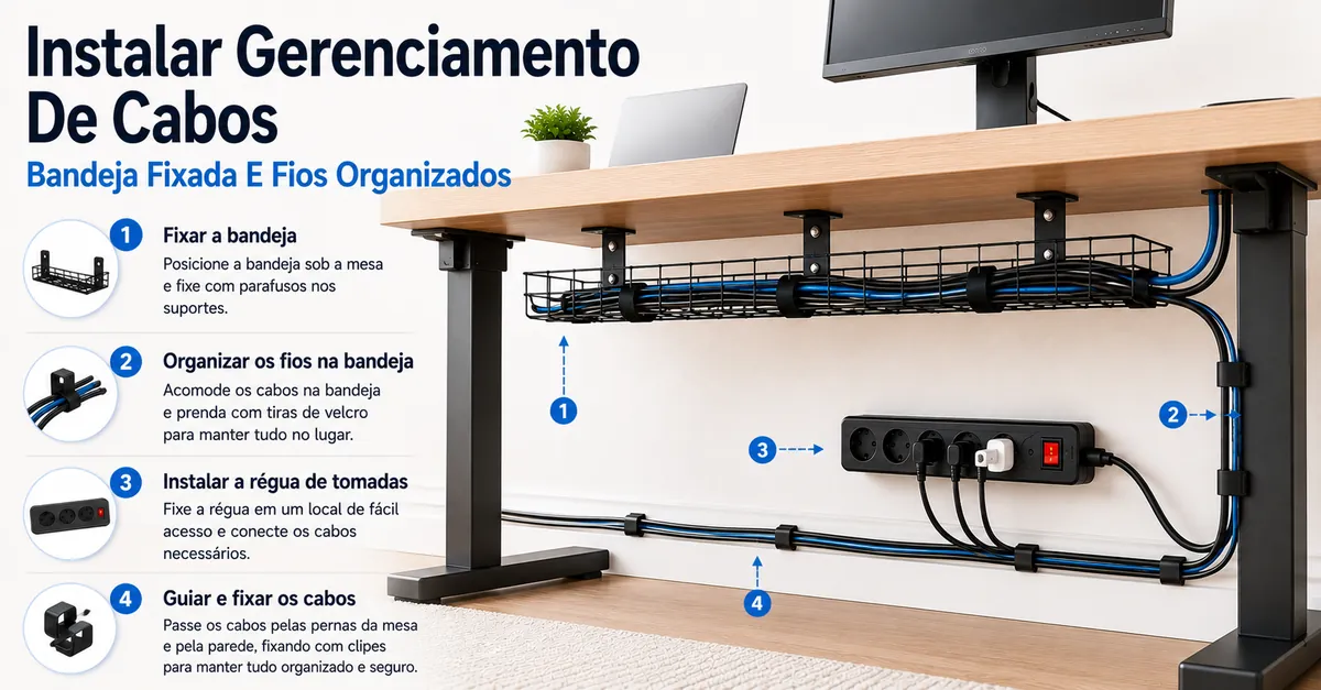 Instalação de um sistema de gerenciamento de cabos sob a mesa com bandeja fixada e fios organizados