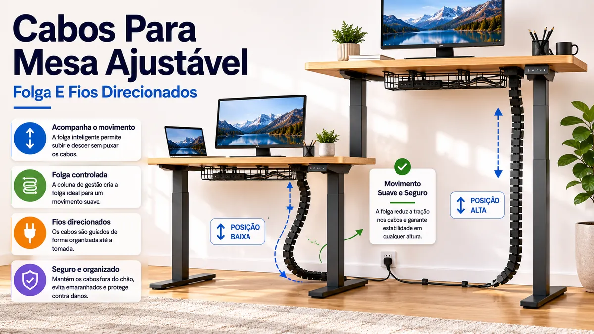 Sistema de gerenciamento de cabos para mesa ajustável com folga para mudança de altura e fios direcionados