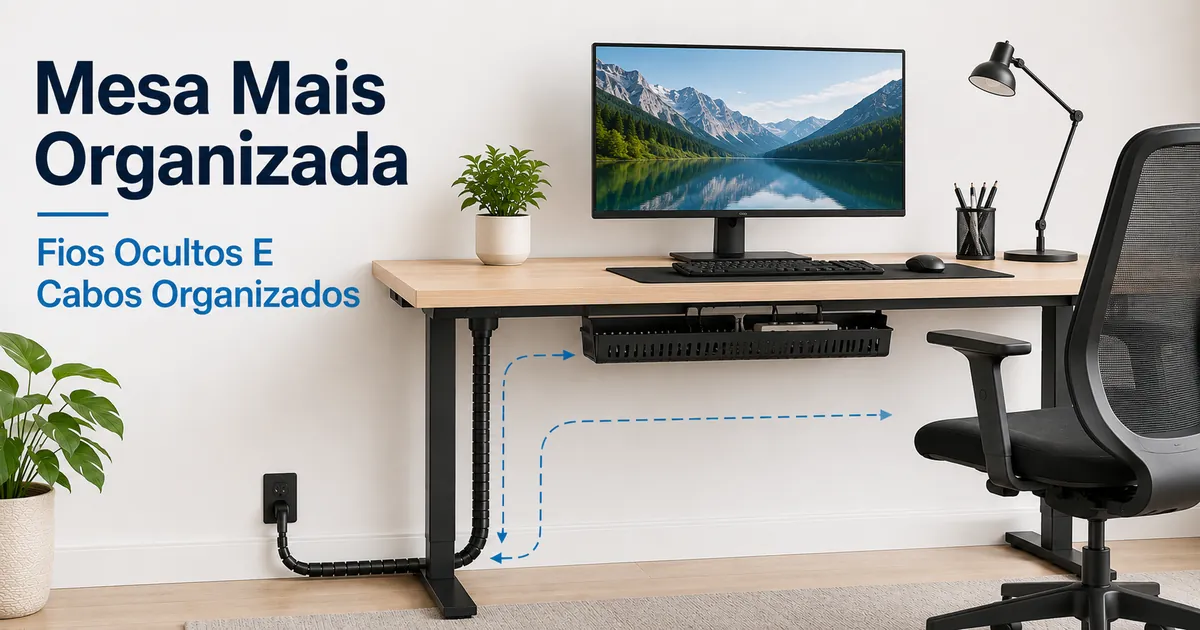 Mesa mais organizada com um sistema de gerenciamento de cabos que esconde fios visíveis e organiza cabos sob o tampo