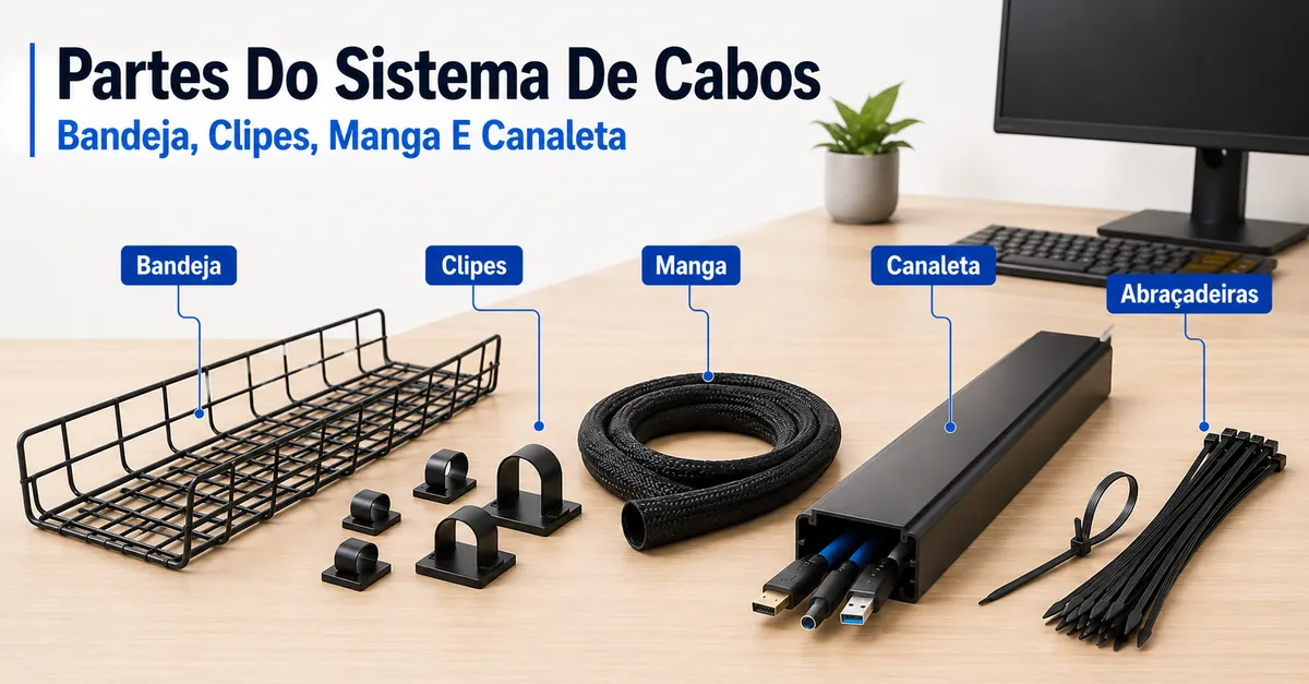 Partes principais de um sistema de gerenciamento de cabos para mesa, incluindo bandeja, clipes, manga, canaleta e abraçadeiras