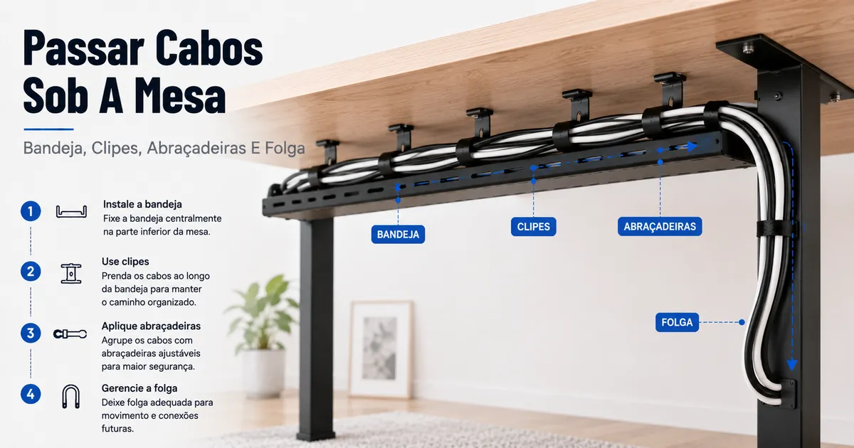 Cabos passados sob uma mesa por uma bandeja de gerenciamento, com clipes, abraçadeiras e folga controlada