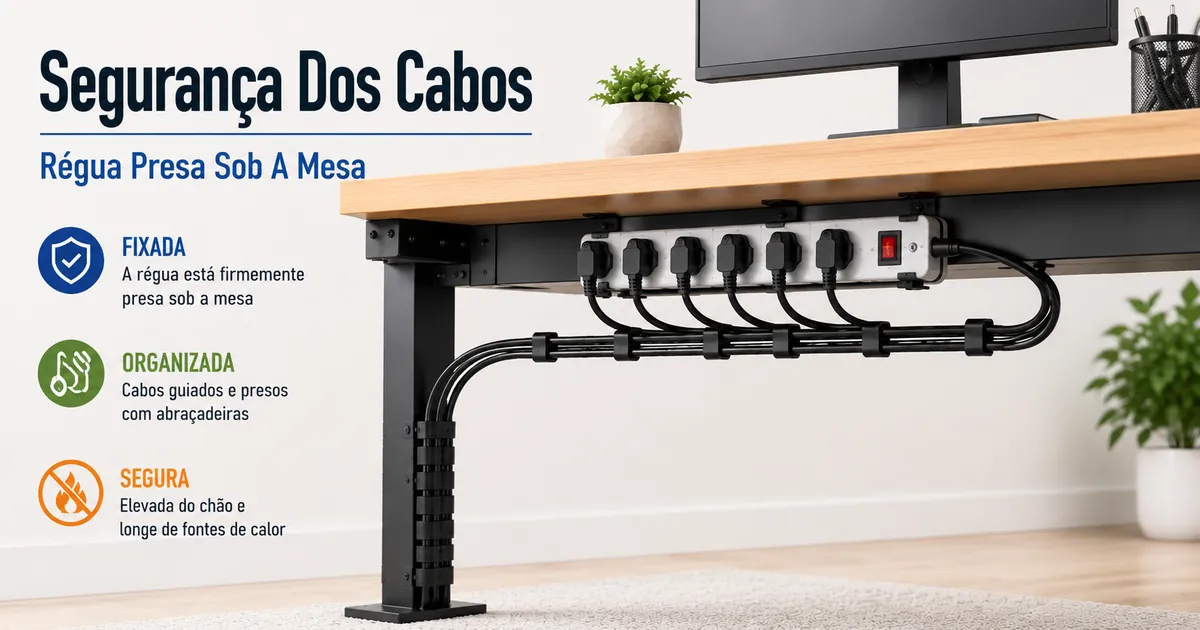 Distribuição segura de cabos de energia e régua de tomadas presa sob a mesa