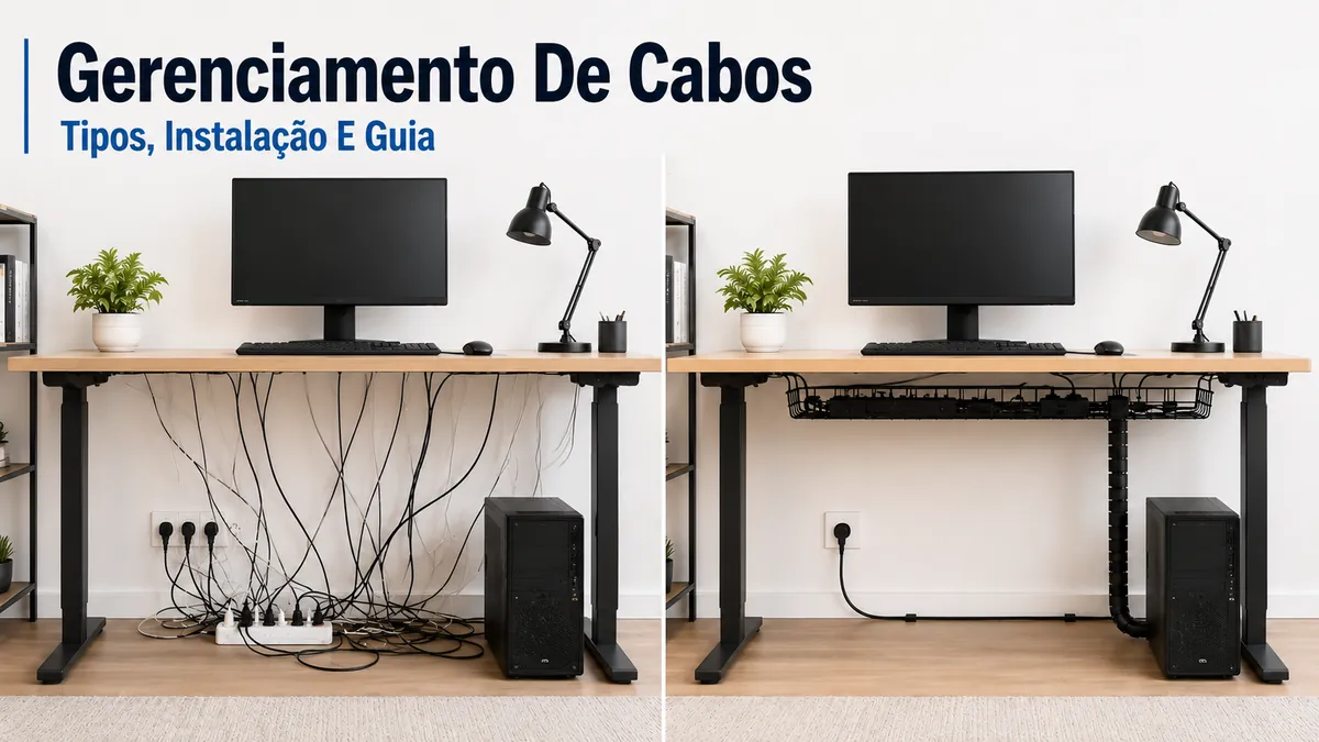 Sistema de gerenciamento de cabos para mesa com bandejas sob o tampo, fios direcionados e estação de trabalho organizada
