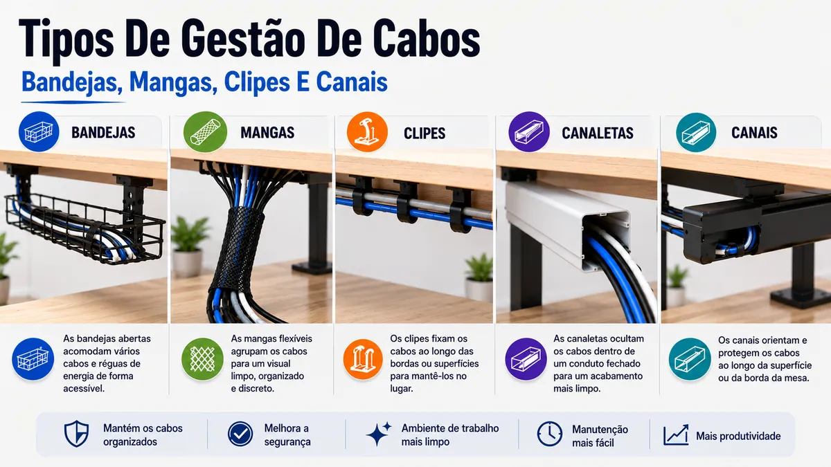 Tipos de sistemas de gerenciamento de cabos para mesa com bandejas, canaletas, mangas, clipes e canais
