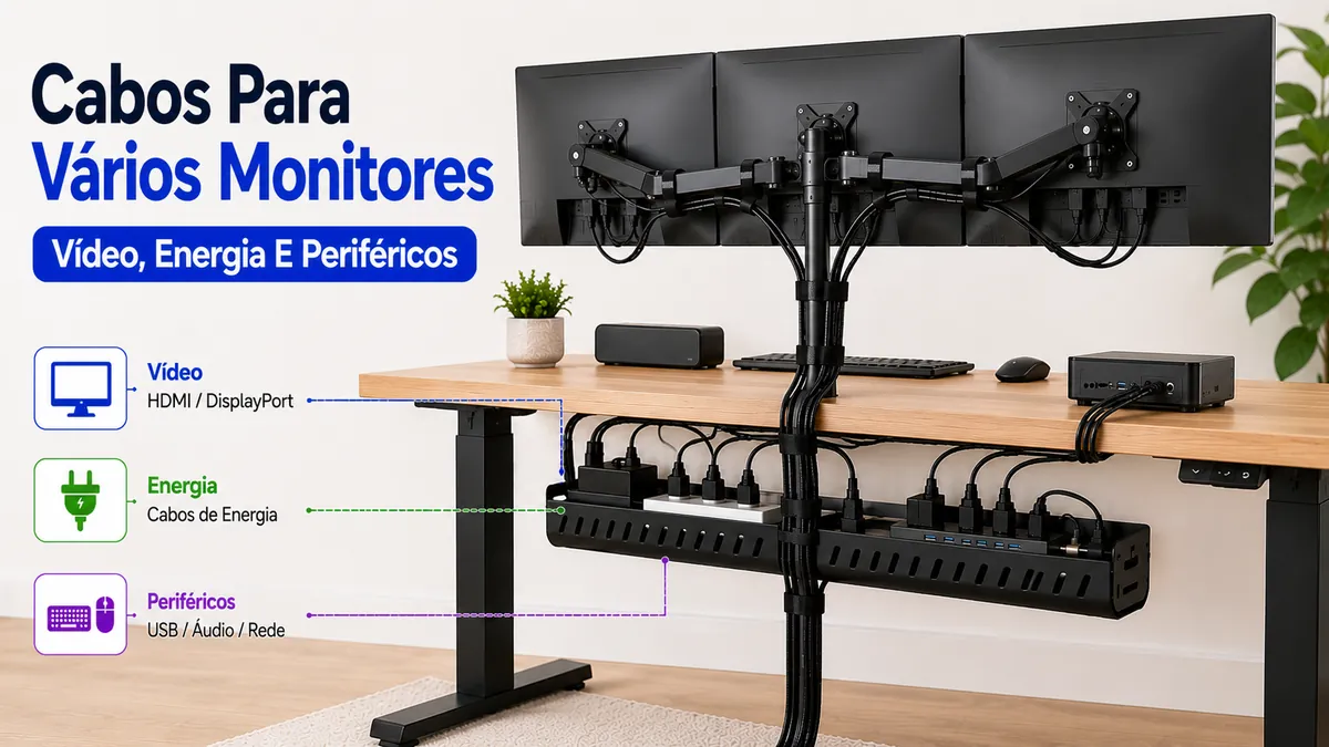 Sistema de gerenciamento de cabos para vários monitores com cabos de vídeo, energia e periféricos agrupados