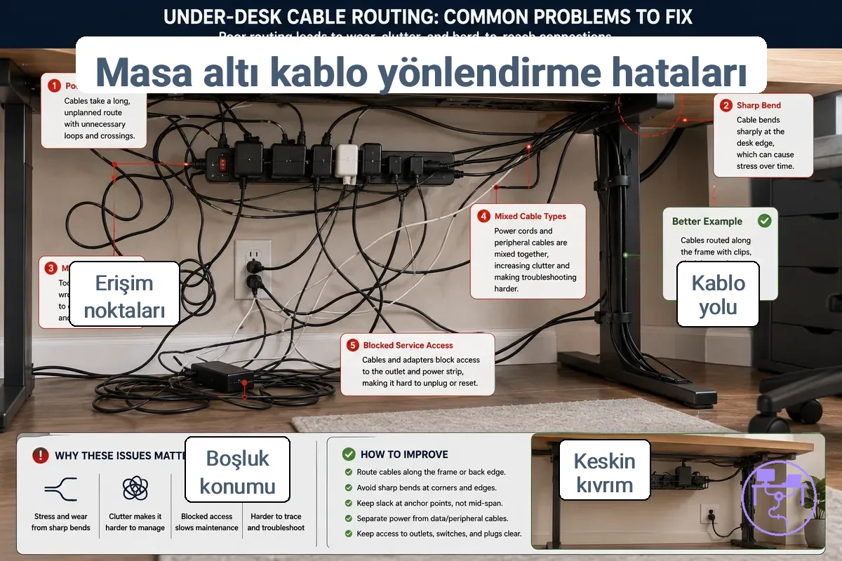 Kablo yolu ve gevşeklik sorunlarını gösteren masa altı kablo yönlendirme sorunları