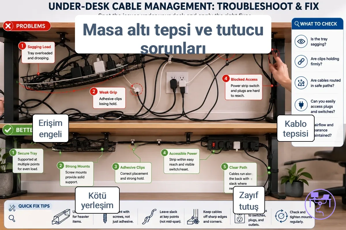 Masa kablo tepsisi ve tutucu sorunlarının destek ve erişimi etkilemesi