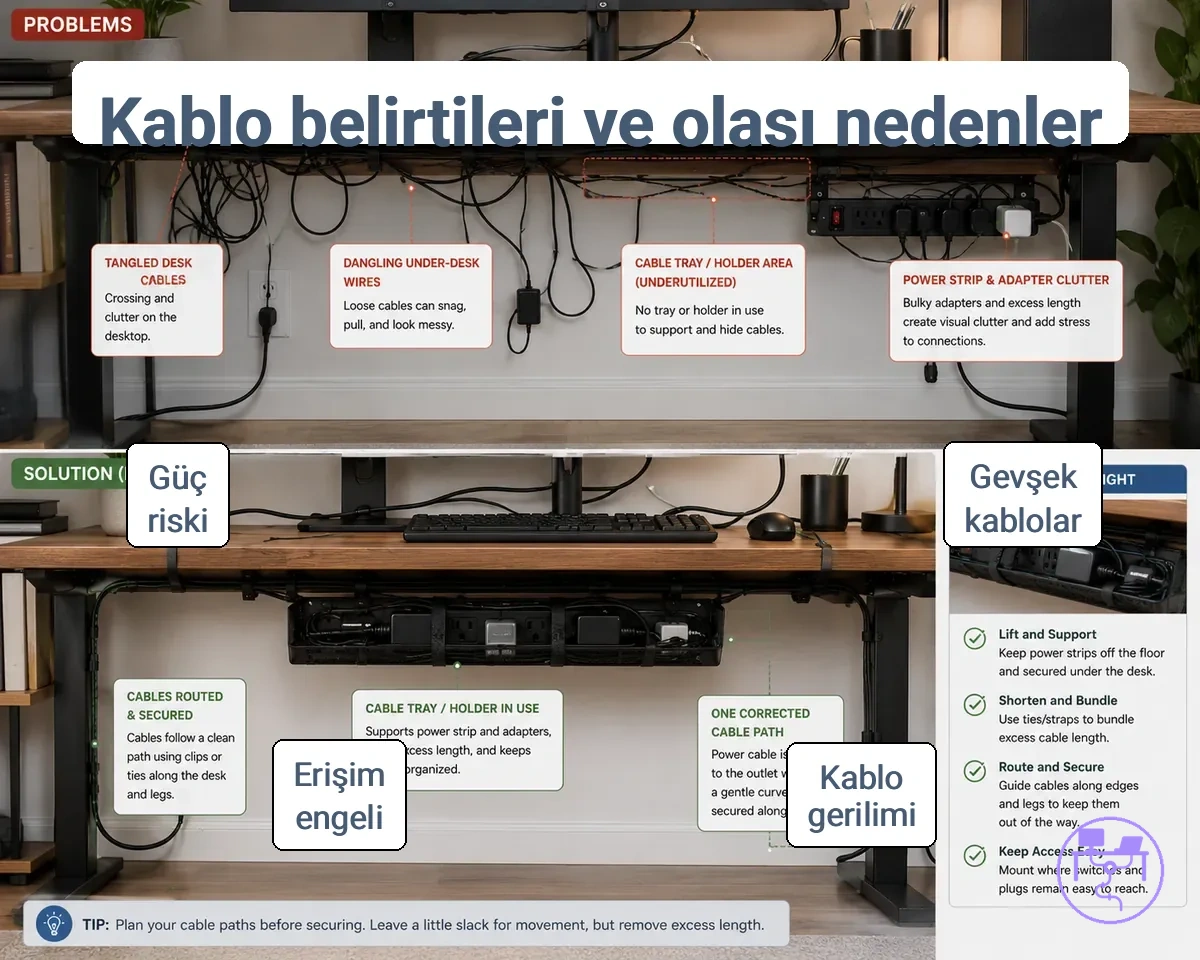 Masa kablo yönetimi belirtileri: dolaşık kablolar ve sarkan masa altı telleri