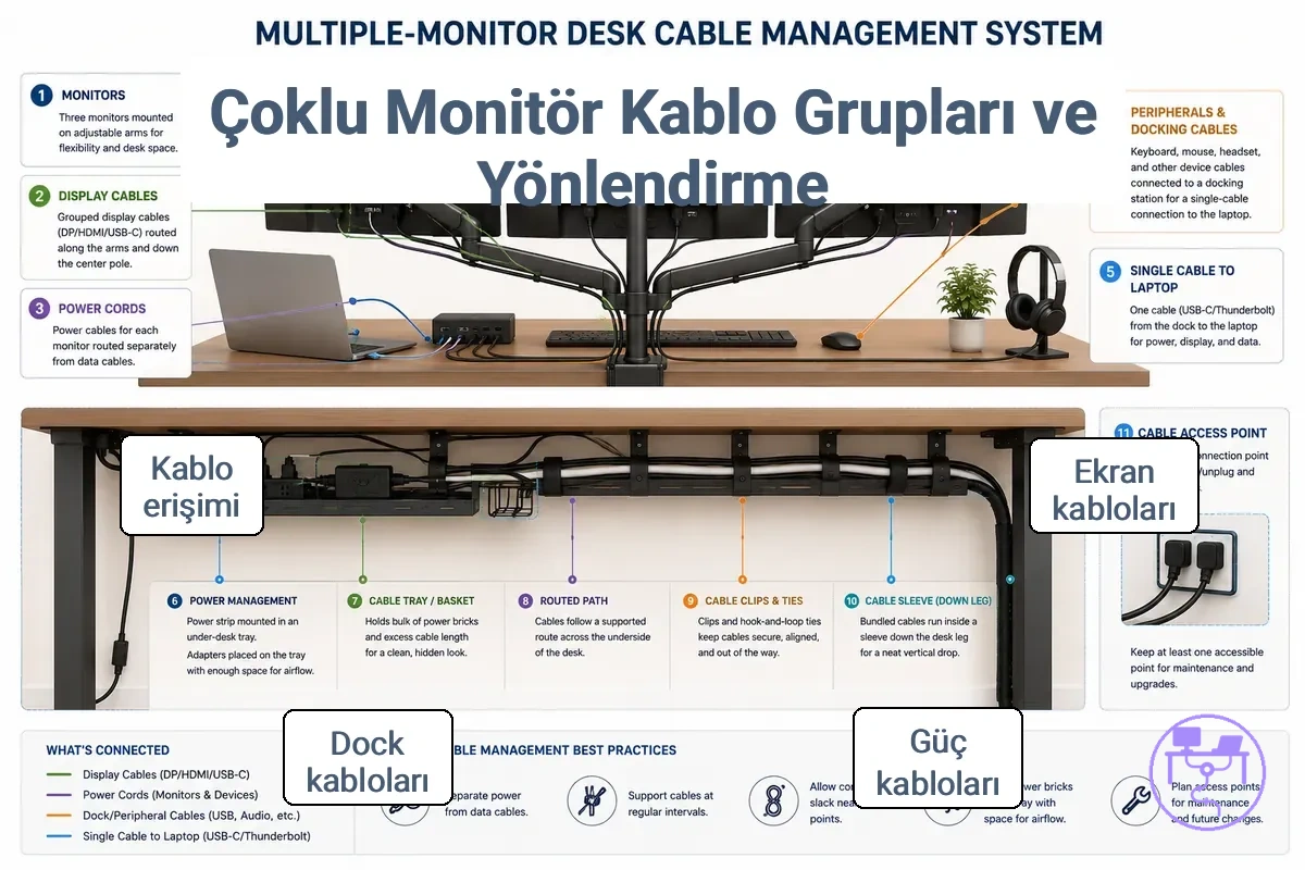 Birden fazla monitörlü kablo yönetim sistemi, ekran, güç, çevre birimi ve yerleştirme kablo gruplarının masa altı alanına yönlendirilmiş halini gösteriyor