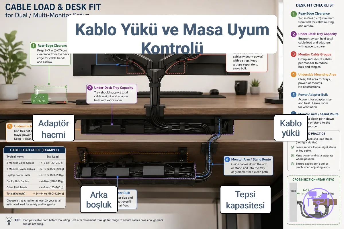 Çift monitör için kablo yükü ve masa uyumu kontrolü, masa altı tepsi kapasitesi, arka kenar boşluğu ve gruplandırılmış monitör kabloları gösteriyor