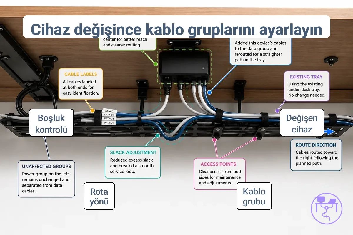 cihaz değişikliğinden sonra masa kablo yönetimi ayarı, değişen kablo grubu, mevcut tepsi, etiketler, gevşeklik ve rota yönünü gösteriyor