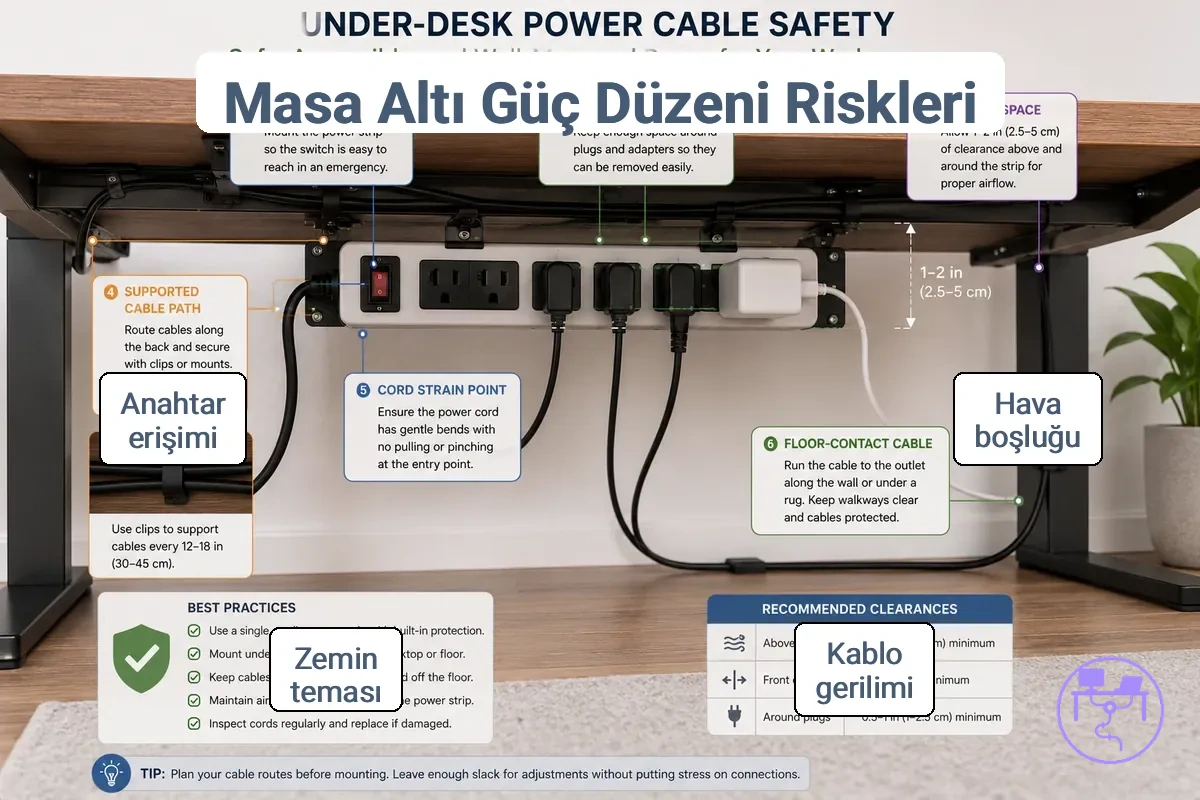 Masa altı güç kablosu düzenindeki elektriksel ve fiziksel riskler