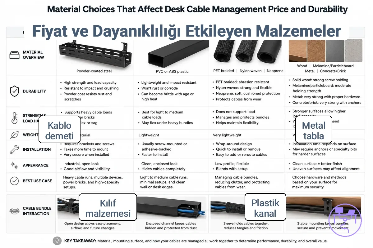 Masa kablo yönetimi için metal tepsi, plastik kanal ve kablo kılıfı farklılıklarını gösteren malzeme seçimleri