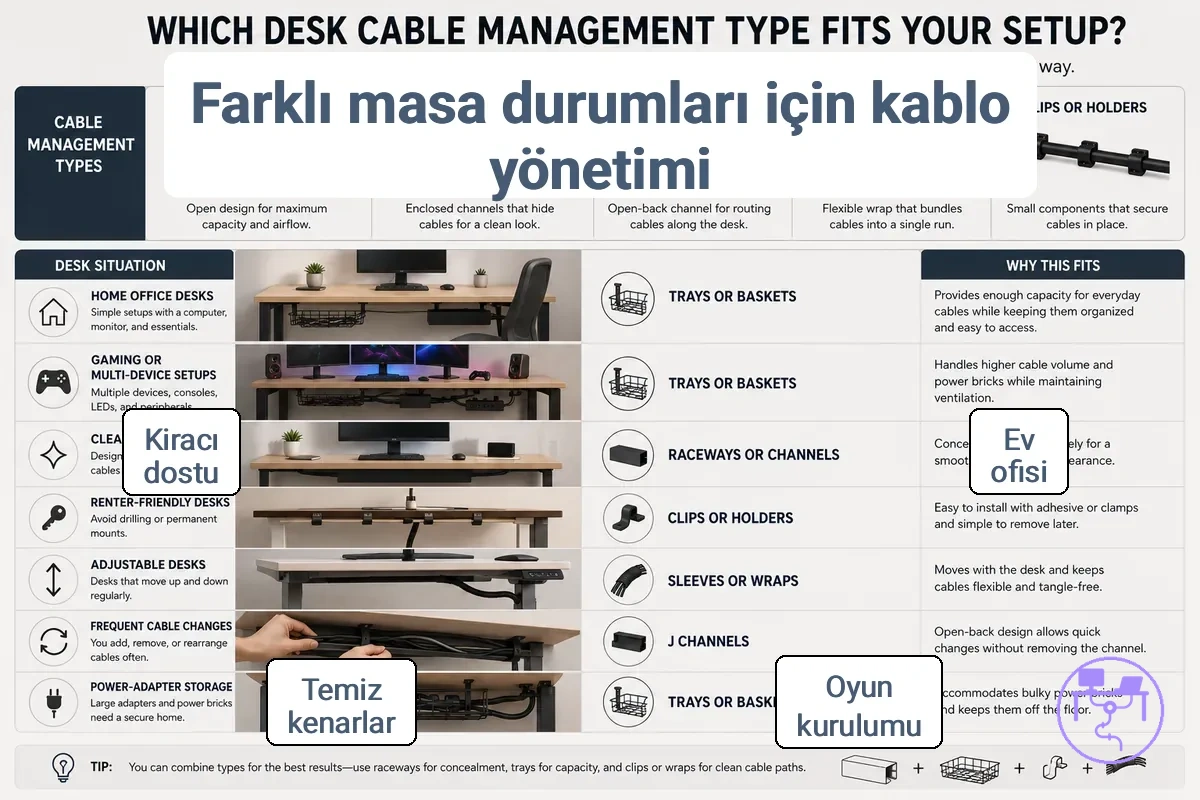 Kablo yönetim türleriyle eşleştirilmiş masa durumları